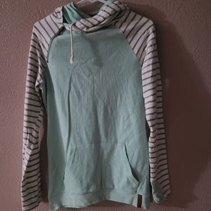 Double hooded sweatshirt, mint, gray and white striped, size small,